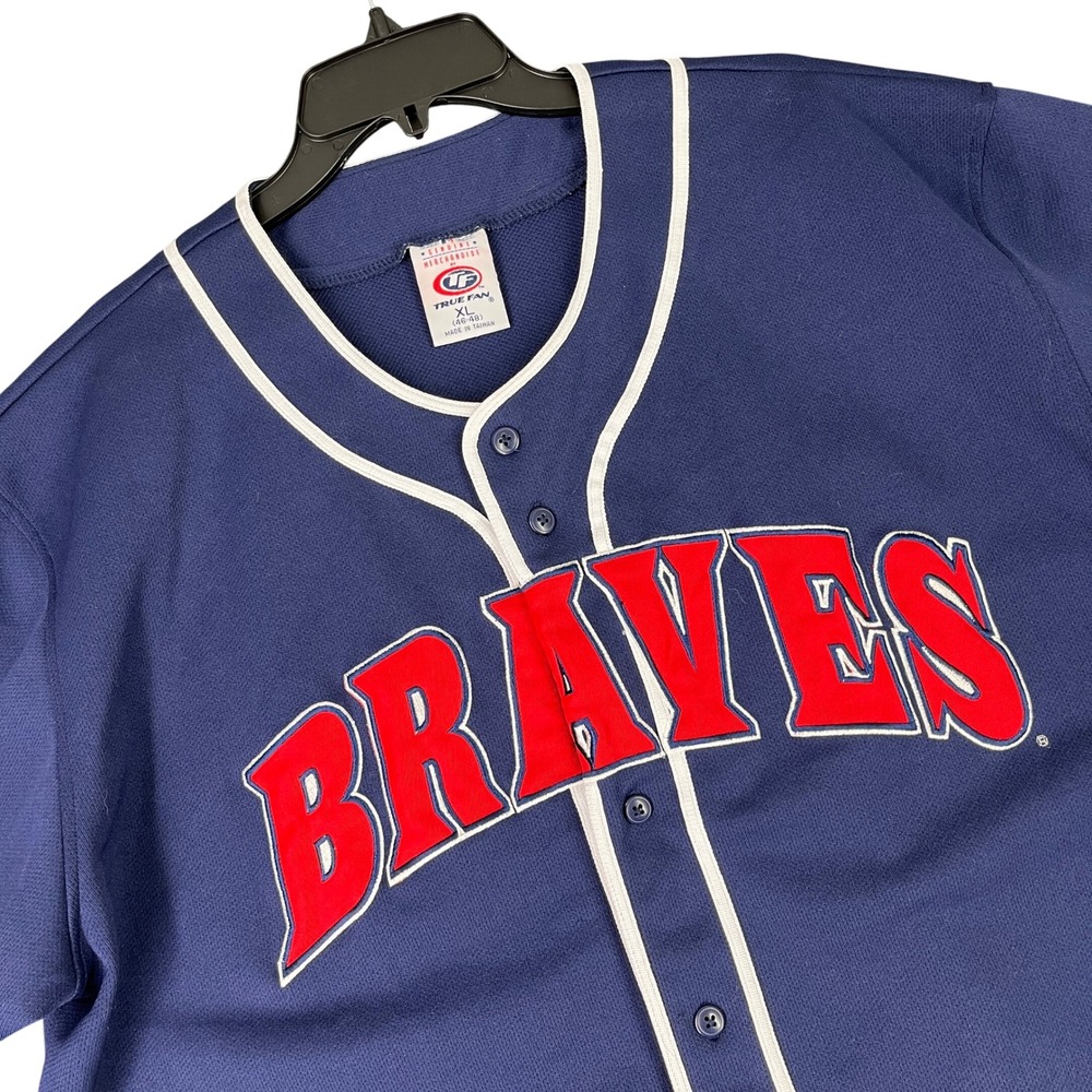 Vintage 90s Braves Jersey True Fan Baseball Embroidered Patch Game Day Mens XL